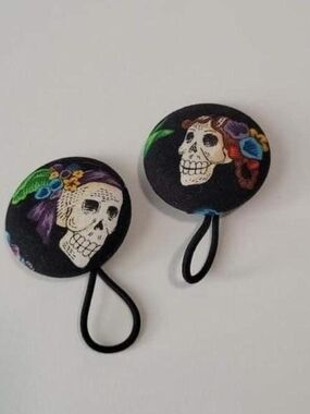 Day of the Dead Skull Fabric Button Hair Ties - Black